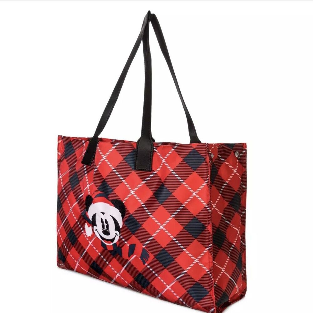 Disney Parks 2023 Mickey Mouse Holiday Christmas Red Black Plaid Tote Bag NEW